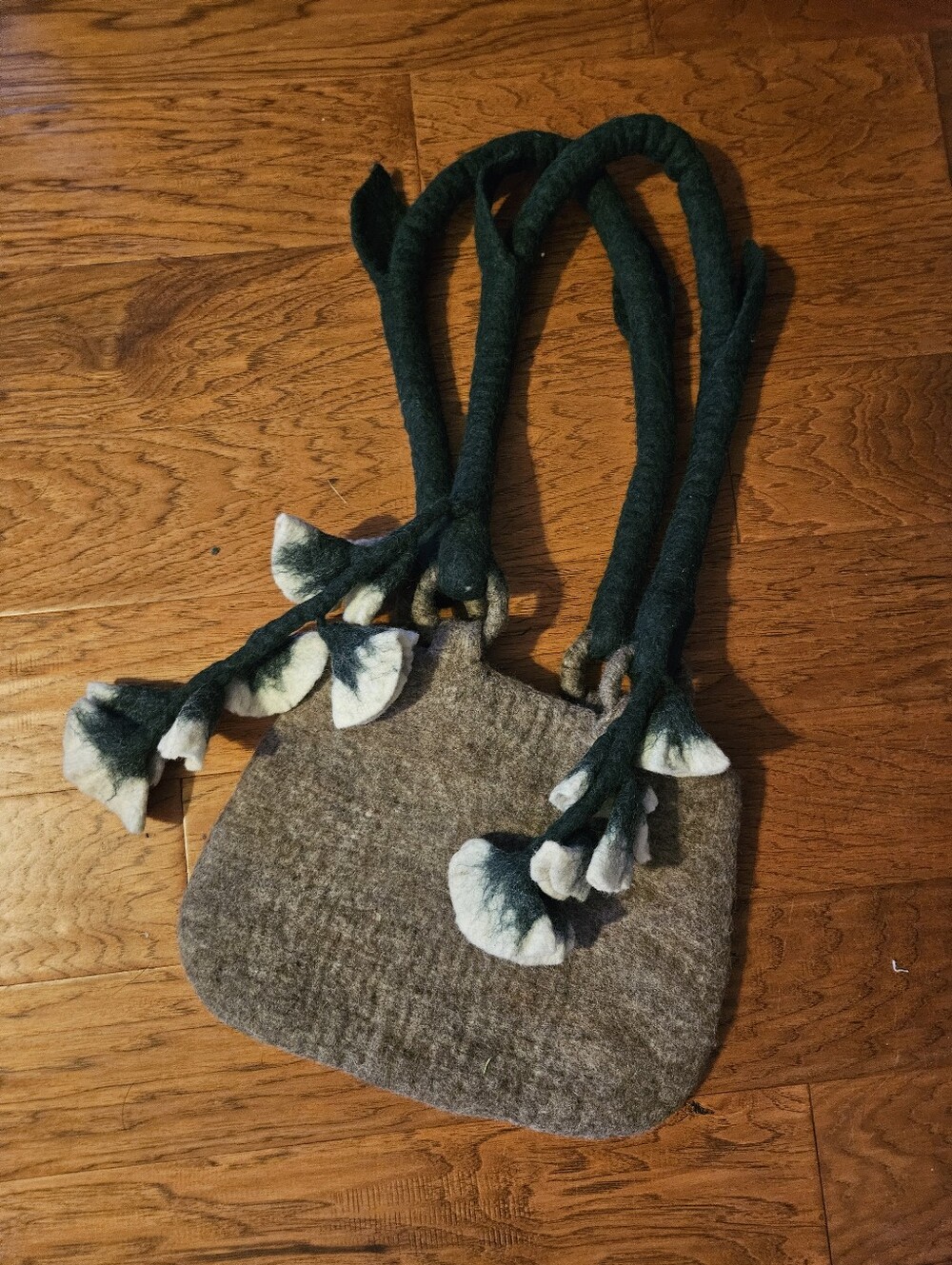 Handmade Gray Felt Shoulder Bag with Forest Green Floral Vine Straps